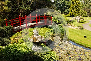 Red bridge. Irish National Stud's Japanese Gardens. Kildare. Ireland