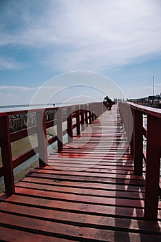 Red bridge through the mangrove forest. Sea view