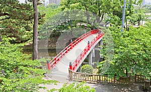 Red bridge in Okazaki Castle, Aichi Prefecture, Japan