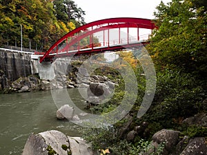 Red bridge over the Kiso river - Nagano prefecture, Japan