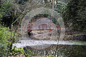 The red bridge over a river in Portmeirion