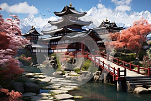 A red bridge over a small pond in a japanese garden, AI