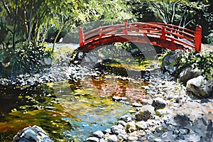 Red Bridge Over Stream in Zen Garden