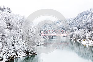 Red bridge winter landscape