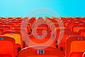 Red bright empty plastic seats on the sports platform of the stadium