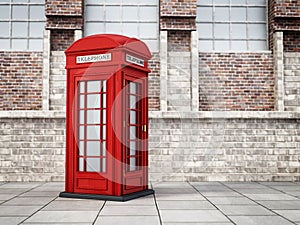 Red British phone booth in the street. 3D illustration
