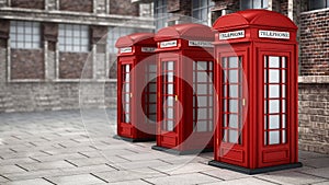 Red British phone booths in the street. 3D illustration