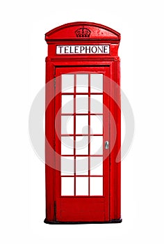 Red British telephone booth isolated on white