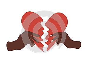Red broken heart in hands man and woman. Reconciliation concept.Restore love