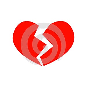 Red broken heart icon. Symbol of infarct, hear disease, divorce or parting isolated on white background. Vector flat