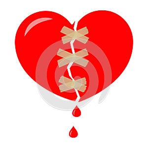 Red broken heart wrapped with tape, sticky tape. Drop of blood. Vector.