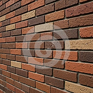 Red and brown brick wall featuring evenly spaced, rectangular bricks.