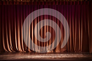 Red-brown curtain on the stage with wooden floor and theater backstage, background, texture