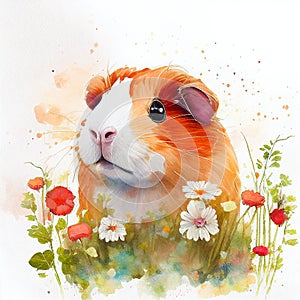 A red-brown guinea pig sits on a chamomile field. Funny guinea pig watercolor.