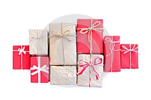 Red and Brown paper gift boxs with bow on white background