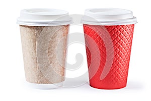 Red and brown papercups with white caps isolated