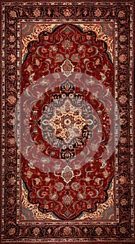 Red brown persian color carpet with antique pattern on the floor top view