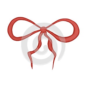 Red-brown watercolor bow. Hand-painted satin ribbon gift bow on white background. Holiday, gift symbol. Icon. For design