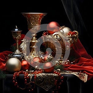 Red Brumbs, red balls from Rowan, Gold, chalices and materials. Christmas card as a symbol of remembrance of the birth of the