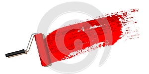 Red brush stroke with paint roller isolated on white background. Vector design element.