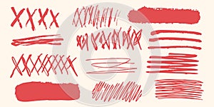 Red Brush Stroke And Scribble Elements Set. Creative Design And Artistic Expression Collection. Isolated Vector
