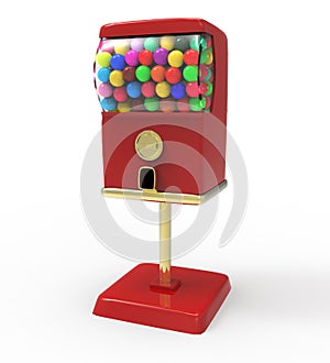 Red bubble gum ball vending machine with colorful gum balls.