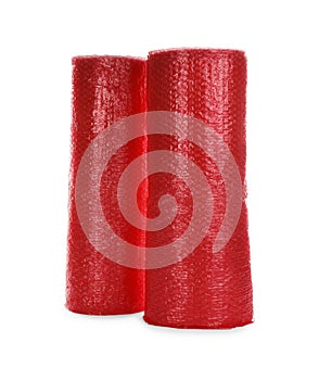 Red bubble wrap rolls isolated on white