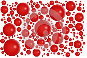 Red bubbles on white isolated background. Reddish molecules or abstract round particles. Chemical or health food concept pattern.