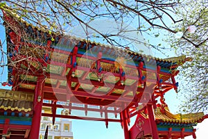 The red Buddhist temple gates at the Golden Abode of Buddha Shakyamuni. Elista