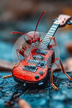 A red bug with a guitar on top of it