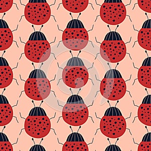 Red bugs hand drawn vector illustration. Ladybug seamless pattern for kids fabric.