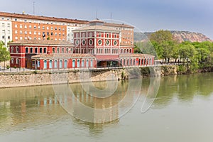 Red building at the Ebro river in Logrono