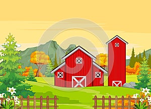 Red Building Farm in Grass Field With Trees and Mountain Range in Background Cartoon Vector Illsurtation
