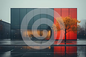 a red building with a tree in front of it