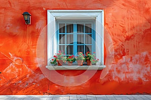 A red building with a white window adorned with colorful flowers in full bloom