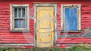 Red Building With Yellow Door and Blue Window