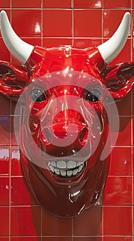 A red bull head on a wall with white horns and teeth, AI