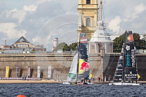 Red Bull Sailing Team and Sail Portugal catamarans on Extreme Sailing Series Act 5 catamarans race