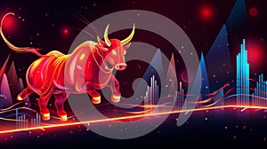 Red Bull, sparks fly from under the hooves, dark sky night background, banner, copy space