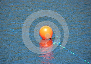 Red buoy with blue rope in water marking an anchor