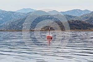 Red buoy floating on lake water surface and alone gull