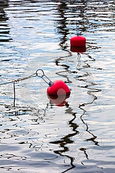 Red buoys floating on water with reflection