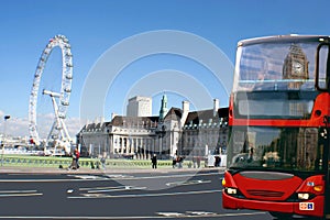 Red bus, Big Ben on London cityscape.