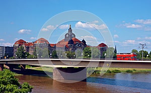 Red bus on a bridge in Germany