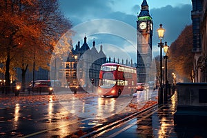 Red Bus in City Street with Clock Tower Big Ben Background in London at Night