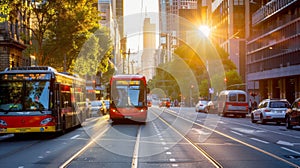 Red Bus Driving Down City Street