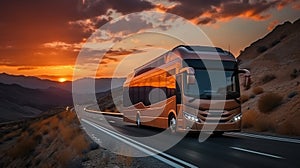 A red bus is driving on a long highway with the sunset in the background. AI Generated