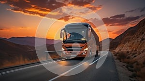 A red bus is driving on a long highway with the sunset in the background. AI Generated