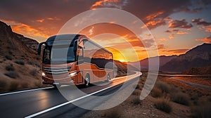 A red bus is driving on a long highway with the sunset in the background. AI Generated