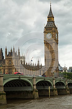 Red bus in front of Big Ben